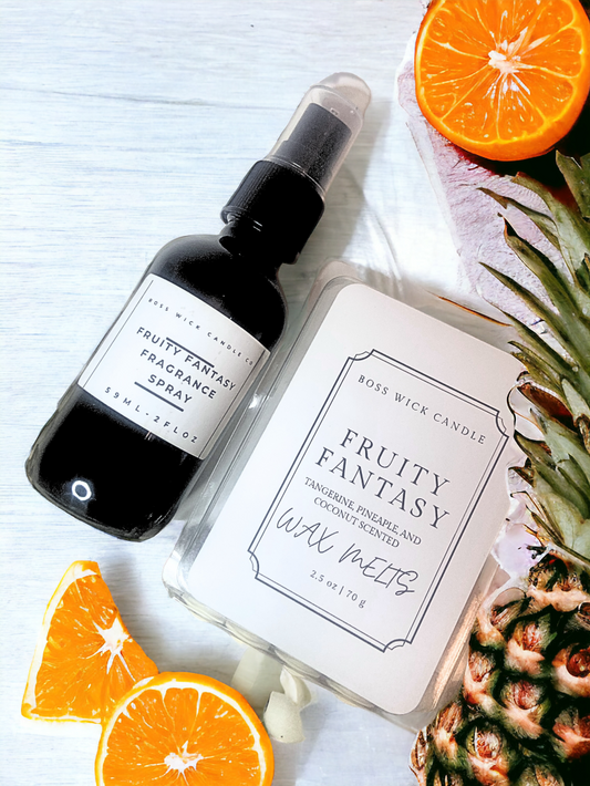 Indulge in the sweet and comforting scent of tangerine, pineapple, and coconut with our Fruity Fantasy combo. Perfect for creating a tropical and inviting atmosphere, the fragrance spray and wax melt combo will fill your home with a delightful blend of fruity and comforting scents.